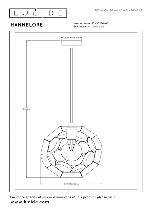 Lucide HANNELORE - Hanglamp - Ø 30 cm - 1xE27 - Mat Goud / Messing - technisch